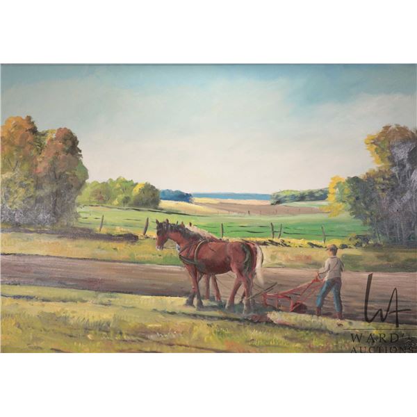 Unidentified artist signed acrylic on canvas painting depicting a farmer plowing with horses, 25 1/4