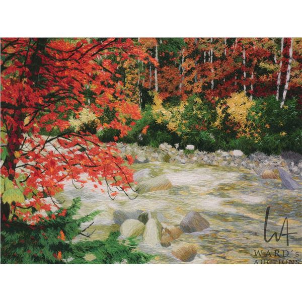 King framed silk embroidered panel of a serene autumnal woodland stream, overall dimensions includin