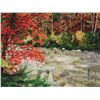 Image 1 : King framed silk embroidered panel of a serene autumnal woodland stream, overall dimensions includin