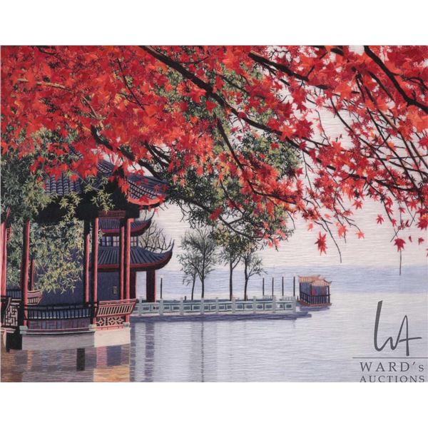 King framed silk embroidered panel of bank side Japanese pagoda, overall dimensions including frame 