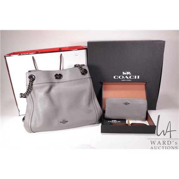 Coach Edie Turnlock purse in polished peddle grey leather, SN: G1780-36855, with original dust cover