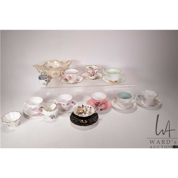 Two tray lots of collectible china including Dresden footed and pierced bowl, teacups and saucers in
