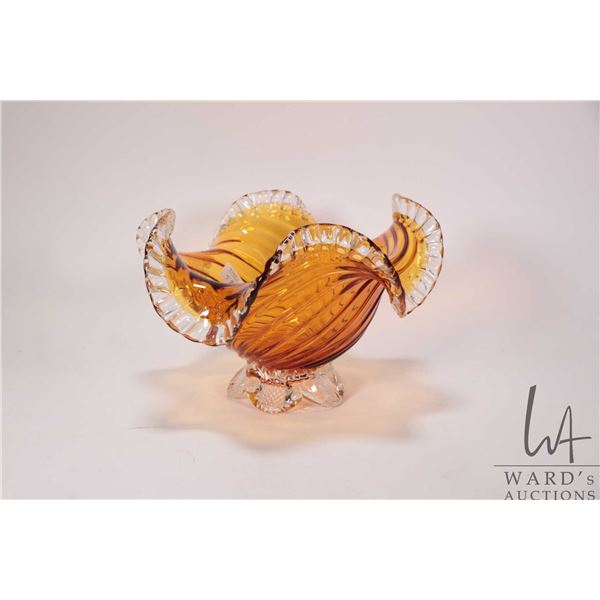 MCM amber art glass bowl with ruffled colourless edge and foot, marked CH XXI ( Canadian Glass House
