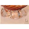 Image 4 : MCM amber art glass bowl with ruffled colourless edge and foot, marked CH XXI ( Canadian Glass House
