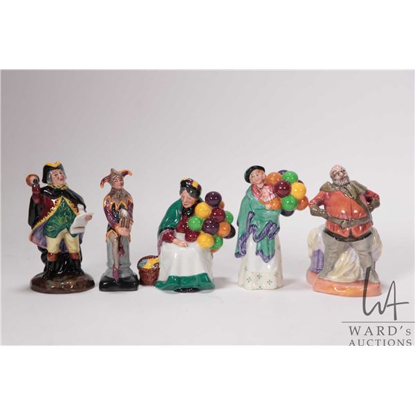 Five small Royal Doulton figurines including Falstaff, Town Crier, The Old Balloon Seller, The Ballo
