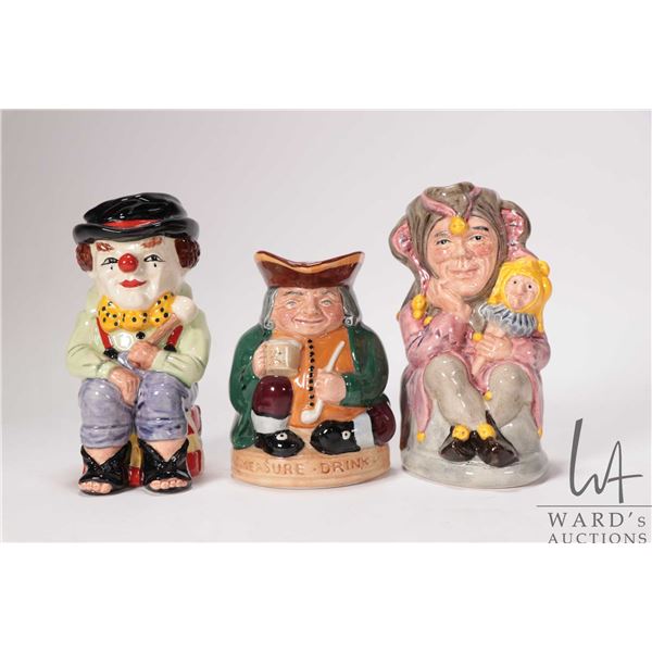 Three small Royal Doulton Toby jugs including "The Clown" D6935, "The Jester" D6910 and "Honest Meas