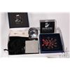 Image 2 : Selection of Swarovski crystal branded items including necklace stand, pins, plaques, paperweights e