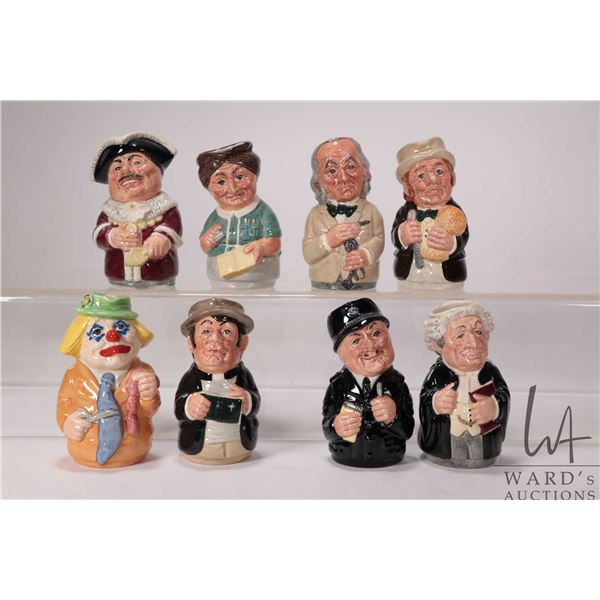 Eight Royal Doulton "Doultonville" toby jugs including Mr. Furrow, Alderman Mace, Charlie Cheer, Dr.