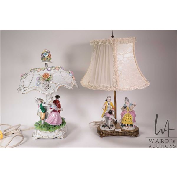 Two Dresden style porcelain table lamps including one with four figures and porcelain shade and one 