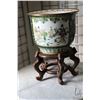 Image 1 : Chinese famille noire jardinere with garden scene 12" in diameter and includes wooden plinth