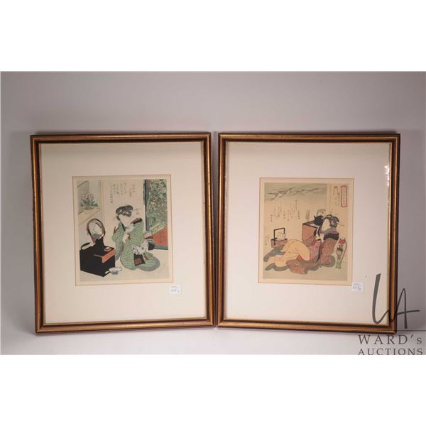 Two framed Japanese prints of woodblocks including Utagawa Kuniyoshi "Woman Seated" from the Collect