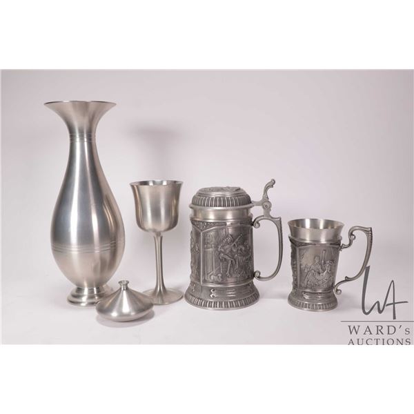 Selection of pewter including 10 1/2" vase, retaining it's original Birks price tag, bas relief gobl