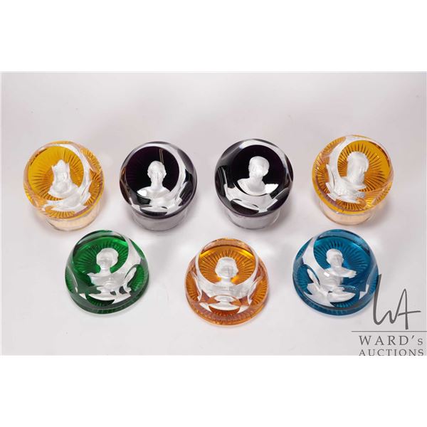 Selection of French Baccarat Crystal Cameo paperweight including Queen Elizabeth, Duke of Edinburgh,