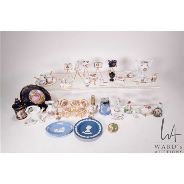 Tray lot of Limoges collectibles including miniature ornaments, lidded jar and lovestory plate plus 