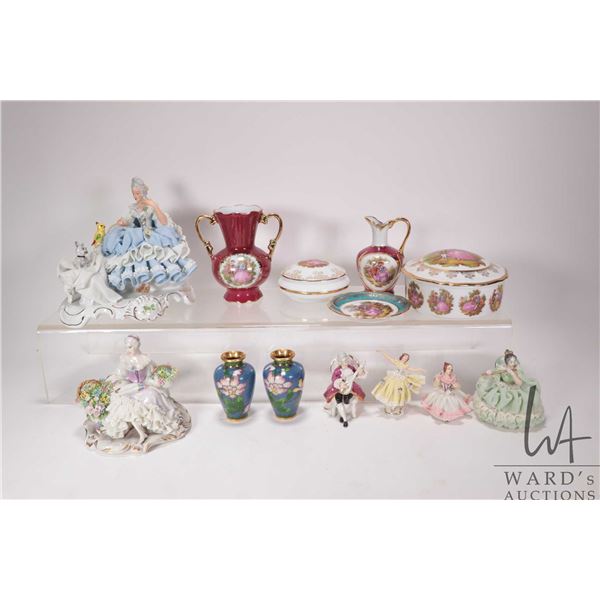 Selection of collectibles including Dresden figurines and Limoges pin tray, bud vase, lidded dresser