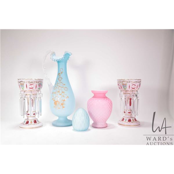 Cased Victorian style 13" ruffled edged ewer, quilted case vase, a pair of hand painted cased glass 
