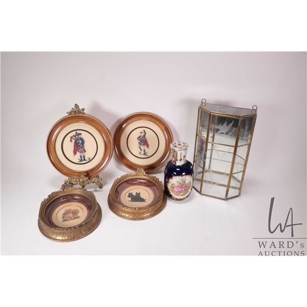 Tray lot of collectibles including four shadow boxed framed needleworks, Limoges lovestory Lampe Ber