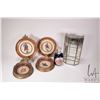 Image 1 : Tray lot of collectibles including four shadow boxed framed needleworks, Limoges lovestory Lampe Ber