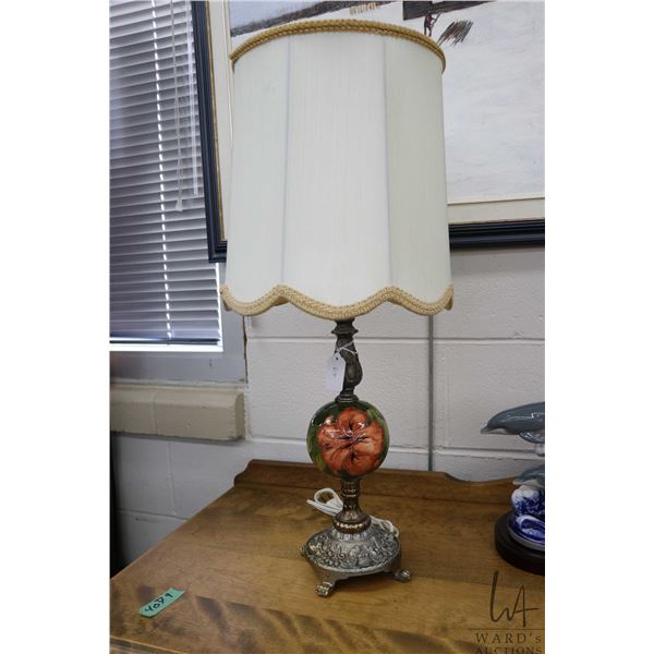 Vintage Moorcroft Hibiscus lamp with cast white metal cherub motif and footed base, 26" in height in