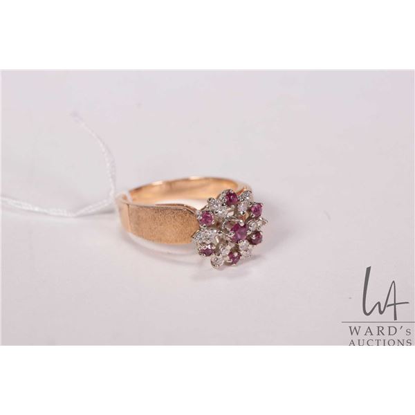 14kt yellow and white gold diamond and ruby cluster ring, size 7.75