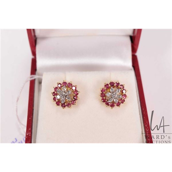 14kt yellow gold and diamond cluster earrings with tested 14kt gold and ruby earring enhancers
