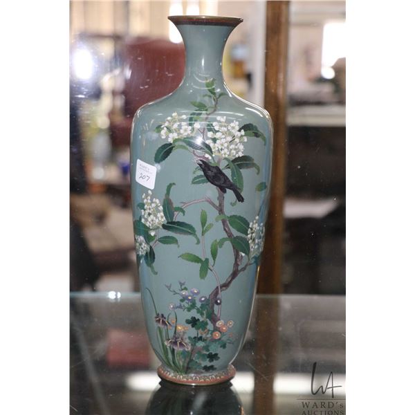Japanese Cloissone enamel vase featuring a black bird among flowering hydrangeas, 12" in height