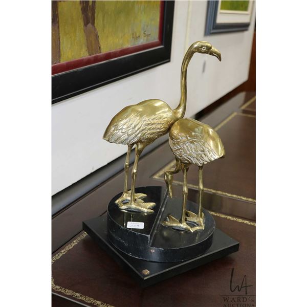 Vintage Mid century solid brass sculpture featuring two cranes on black onyx marble base, 12 1/2" in