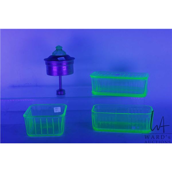 Four pieces of vintage green Uranium glass including a double stacked refigerator box plus a square 