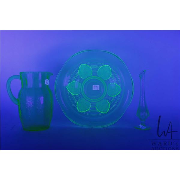 Vintage Uranium glass 12" leaf motif plate, pitcher and small bud vase