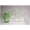 Image 5 : Vintage Uranium glass 12" leaf motif plate, pitcher and small bud vase