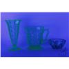 Image 1 : Three pieces of vintage Uranium glass including 8 1/2" spill vase, drinks pitcher and small lipped b
