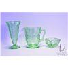 Image 4 : Three pieces of vintage Uranium glass including 8 1/2" spill vase, drinks pitcher and small lipped b