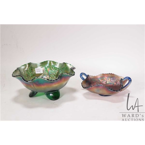 Two pieces of vintage Fenton carnival glass including "Stag and Holly" blue iridescent footed bowl a