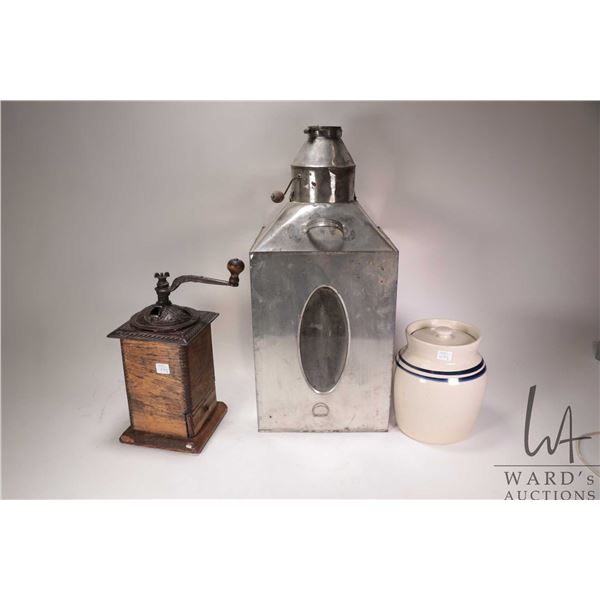 Vintage Hoosier style galvanized tin flour bin, a lidded Marshall Pottery stoneware crock and a coff