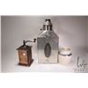Image 1 : Vintage Hoosier style galvanized tin flour bin, a lidded Marshall Pottery stoneware crock and a coff