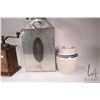 Image 3 : Vintage Hoosier style galvanized tin flour bin, a lidded Marshall Pottery stoneware crock and a coff