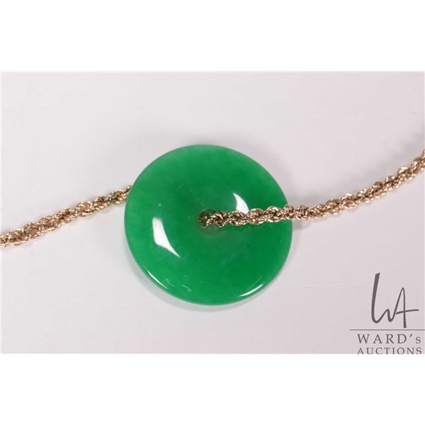 10kt yellow gold 22" byzantine neck chain with green jade circle pendant