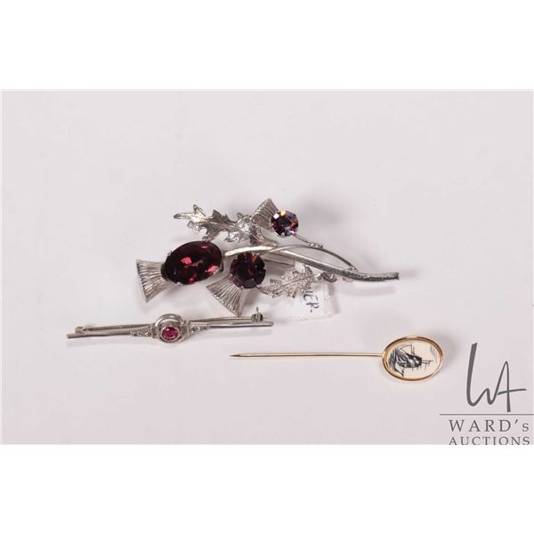 Two vintage sterling silver brooches including bar brooch set with gemstone like stones and marked B