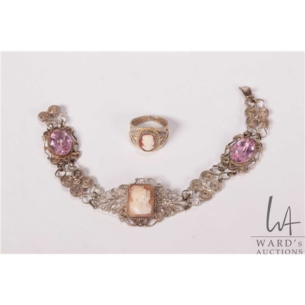 Vintage Giulano Fratti GM wire silver filigree brooch, set with pink jewel like gemstones and carved