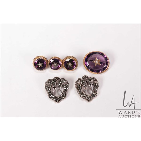 Selection of antique Victorian jewellery including two gold tone and amethyst coloured glass brooche