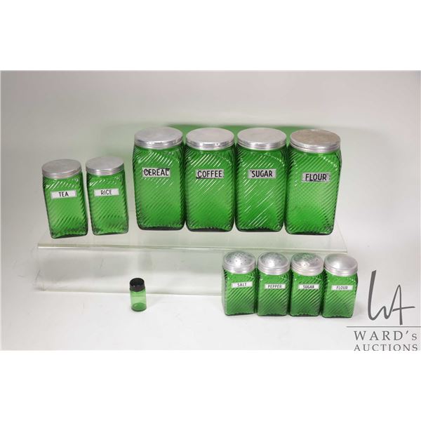 Vintage Owen-Illinois green glass diagonal ribbed swirl pattern Hoosier style canister with metal sc