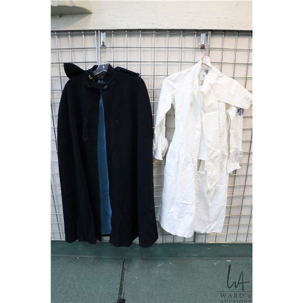 Vintage nurses uniform including white dress and skirt plus blue wool cape and cap