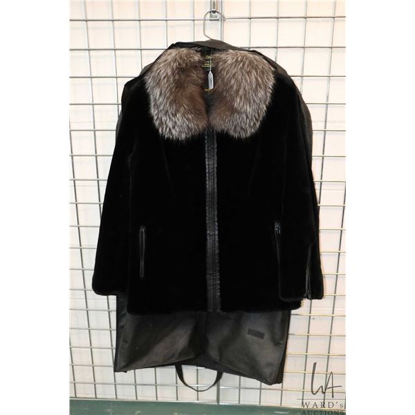 Ladies fur jacket, possibly shearlling lamb with gray fur collar, appears to be size medium