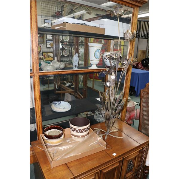 Artisan made welded metal sculpture 40" in height plus a West Germany pottery flower pot, an artista
