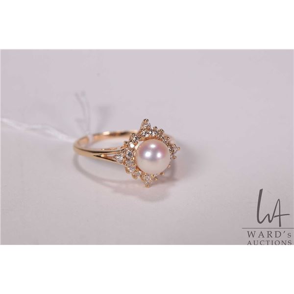 14kt yellow gold, genuine pearl and diamod ring, size 9.5