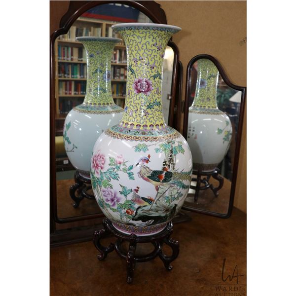Large Chinese famille rose porcelain vase with yellow ground neck with scrolling floral motif and bo