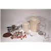 Image 1 : Tray lot of collectibles including Medalta Pottery 1 quart lidded crock, an unmarked 1 gallon lidded