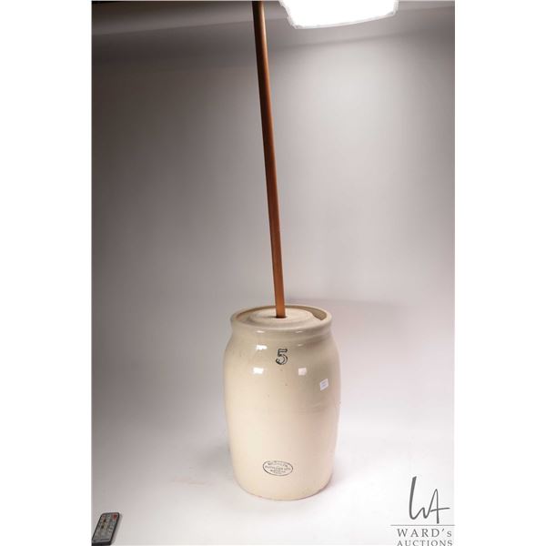Medalta Pottery, Medicine Hat, 5 gallon stoneware butter churn with original lid and wooden plunger