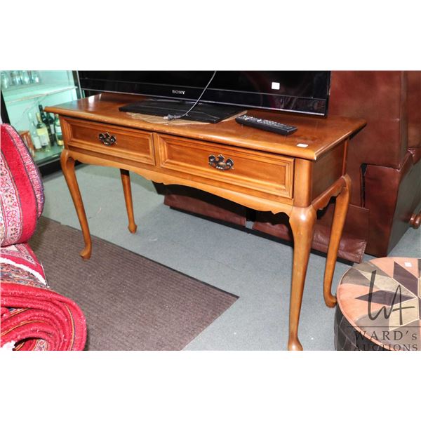 Solid cherry two drawer console/ sofa table on cabriole support and made by Gibbard, 30"H X 48" W X 