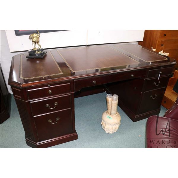 Large quality modern double pedestal office desk with inset leather writing surface and keyboard dra